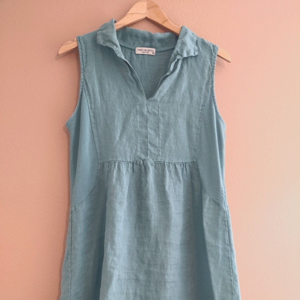 Terzo Millennia Italian Linen Teal Sleeveless V-Neck Women's Medium Dress